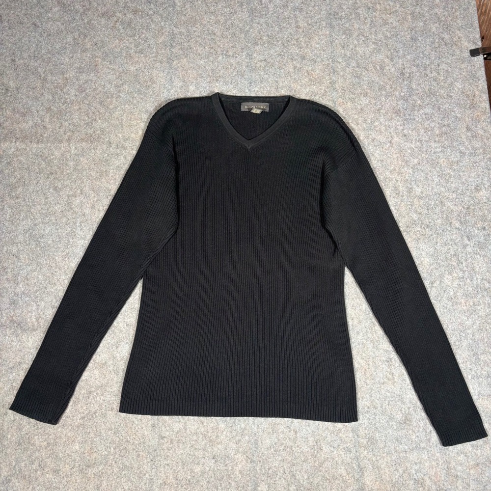 Banana Republic V-Neck Sweater Mens Large Black Ribbed Cotton Knit Pullover 7644